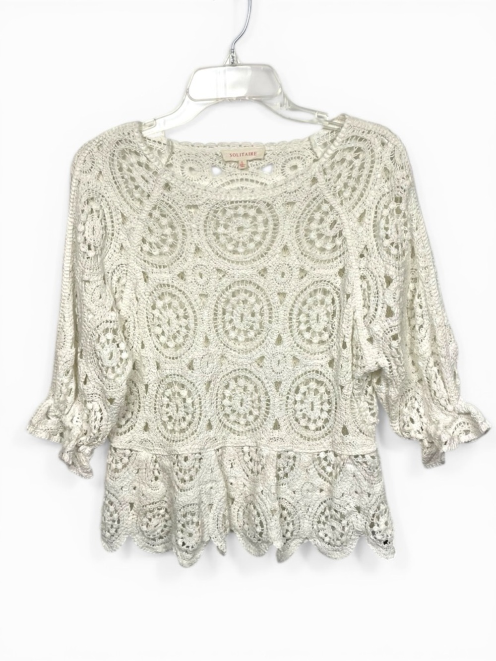 Solitaire Cream Crochet knitted Peplum boho Blouse cotton size Large